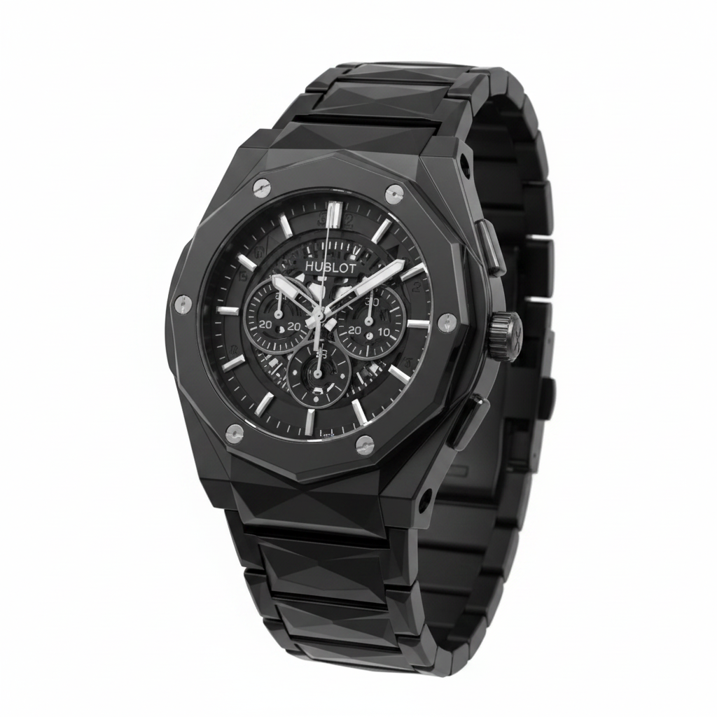 All-Black Faceted Skeleton Chronograph Watch (03)