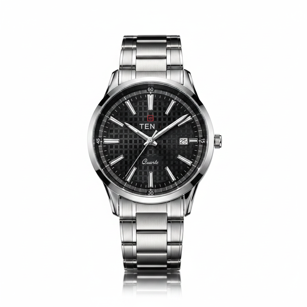 TEN Men’s Stainless Steel Quartz Watch with Grid Dial
