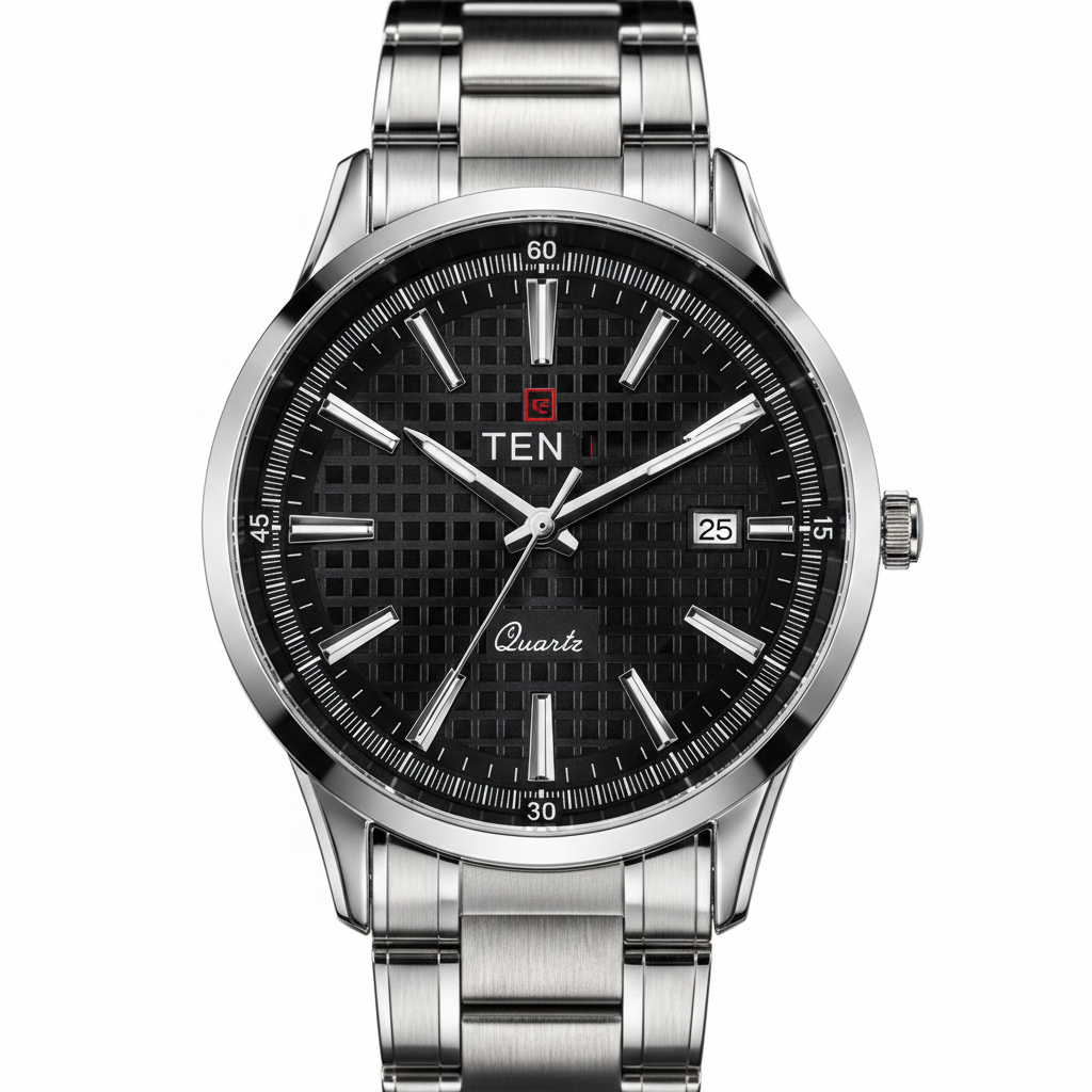TEN Men’s Stainless Steel Quartz Watch with Grid Dial