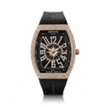 Men’s Luxury Rhinestone Quartz Watch – Rose Gold Tonneau Case with Black Silicone Strap (01)