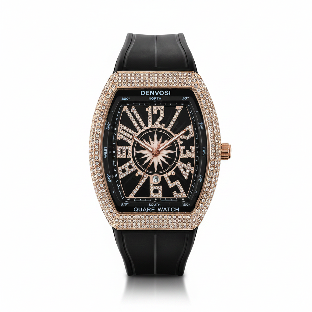 Men’s Luxury Rhinestone Quartz Watch – Rose Gold Tonneau Case with Black Silicone Strap (01)