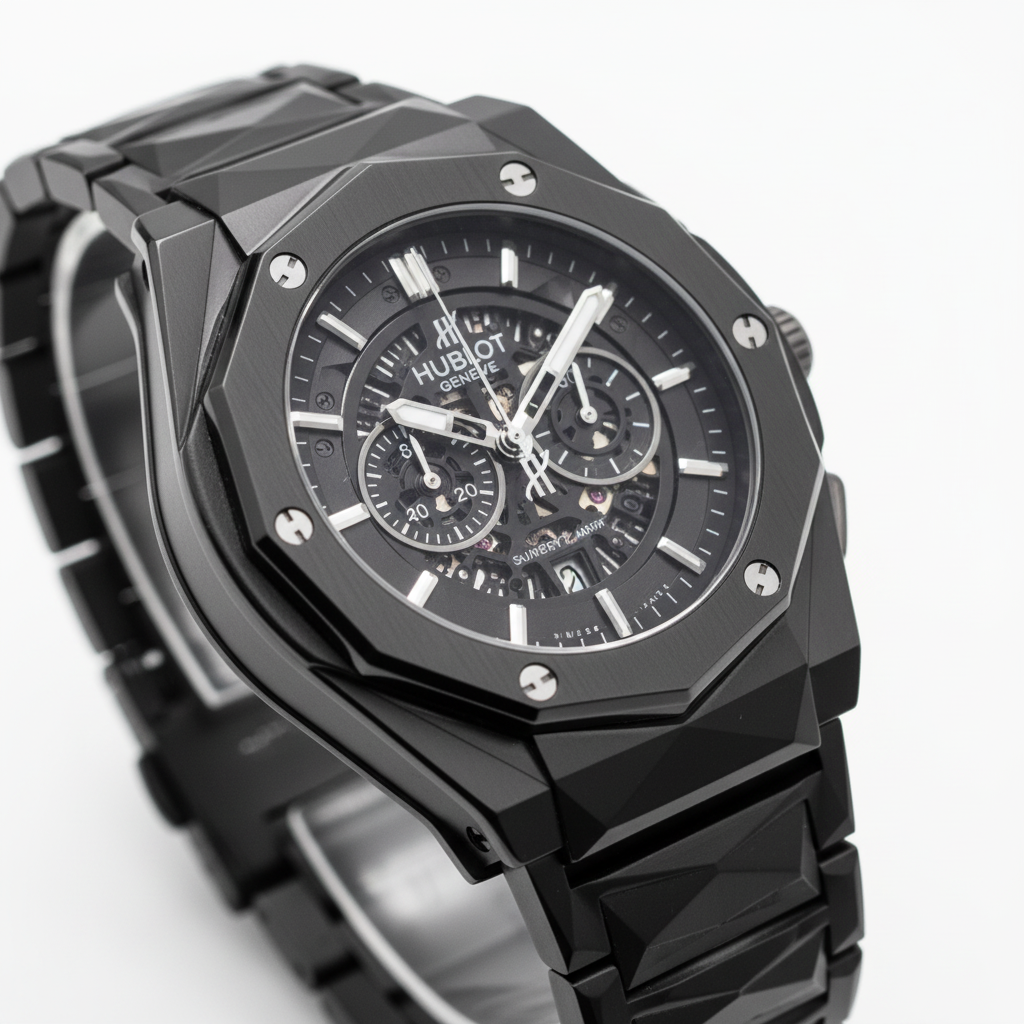 All-Black Faceted Skeleton Chronograph Watch (03)