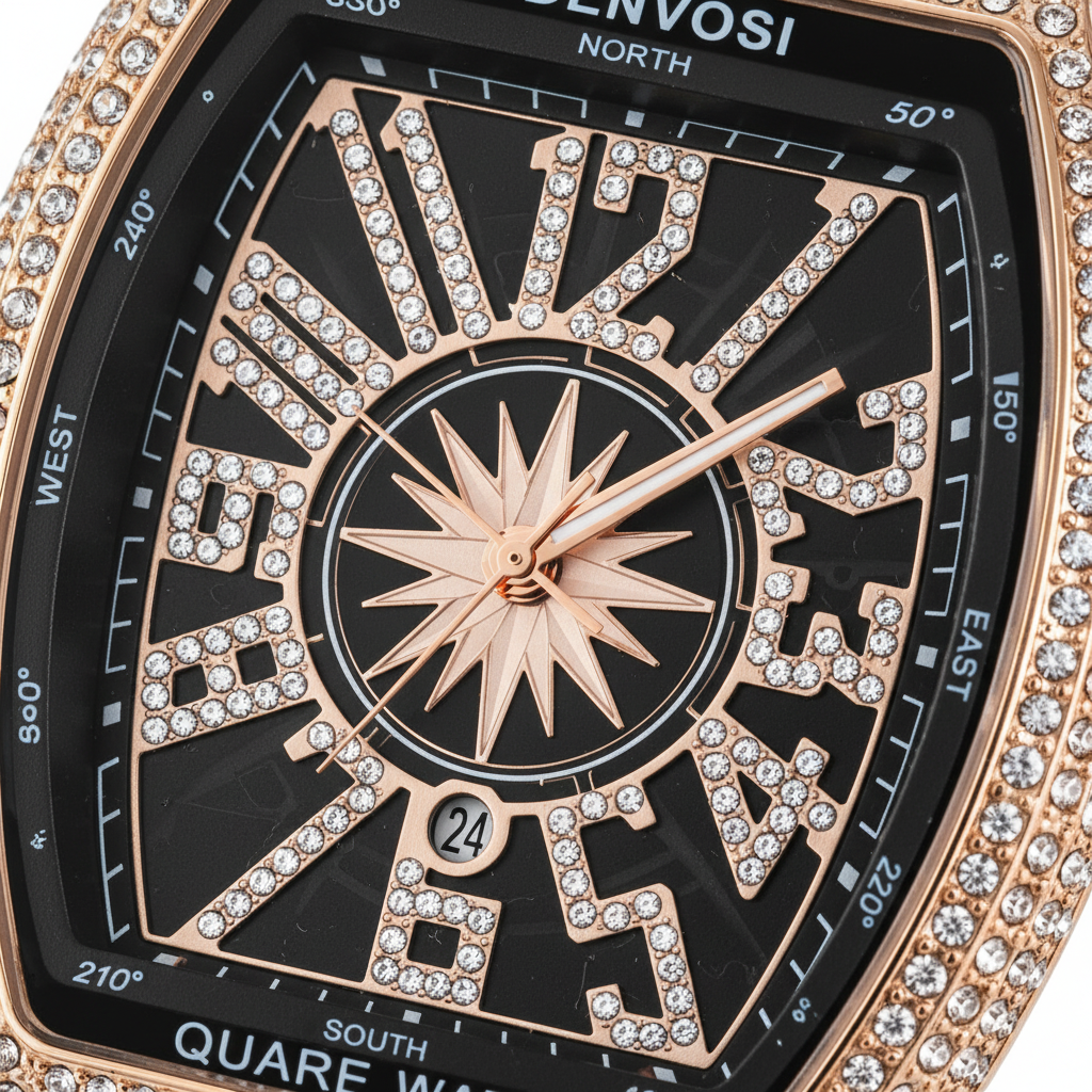 Men’s Luxury Rhinestone Quartz Watch – Rose Gold Tonneau Case with Black Silicone Strap (01)