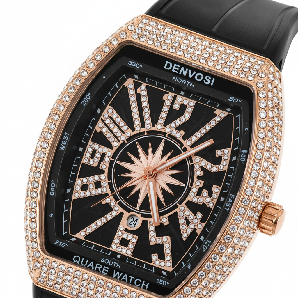 Men’s Luxury Rhinestone Quartz Watch – Rose Gold Tonneau Case with Black Silicone Strap (01)